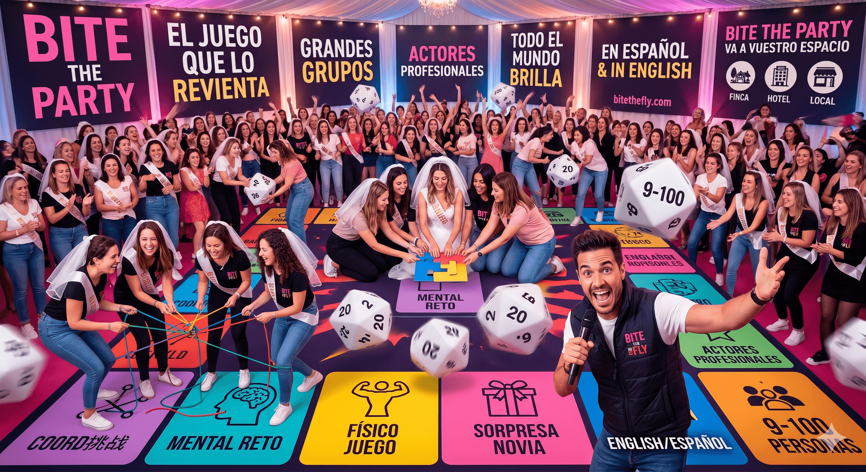 Bite The Party: juego de mesa gigante competitivo con actores profesionales, perfecto para despedidas de soltera de grupos grandes en Madrid