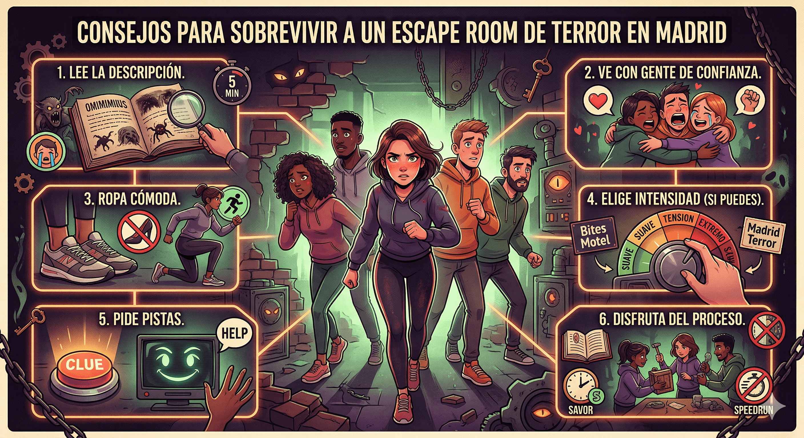 Consejos para disfrutar al máximo de un escape room de terror: ropa cómoda, equipo de confianza y sin miedo a pedir pistas