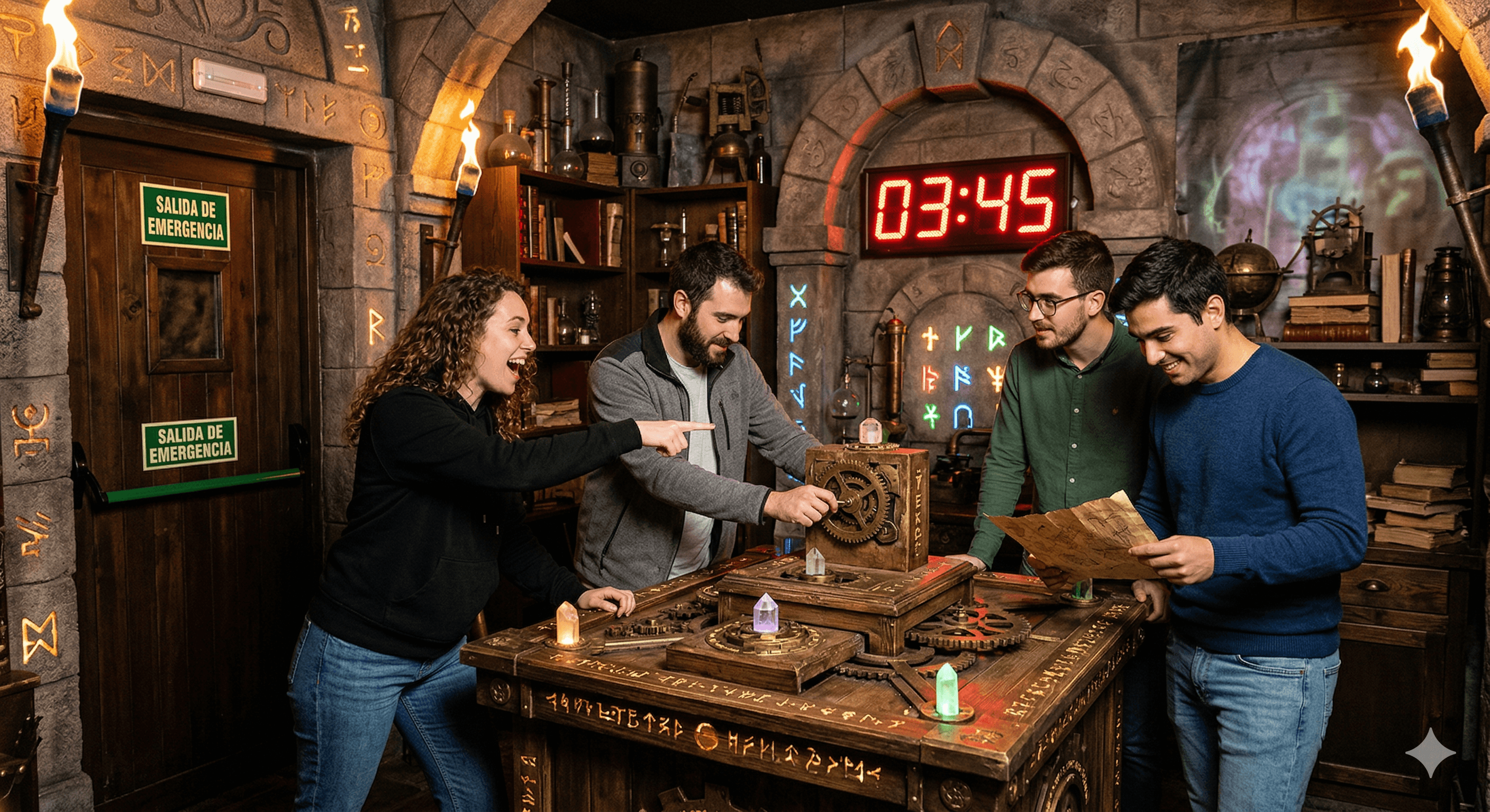 Grupo de amigos resolviendo enigmas en un escape room inmersivo con reloj de cuenta atrás