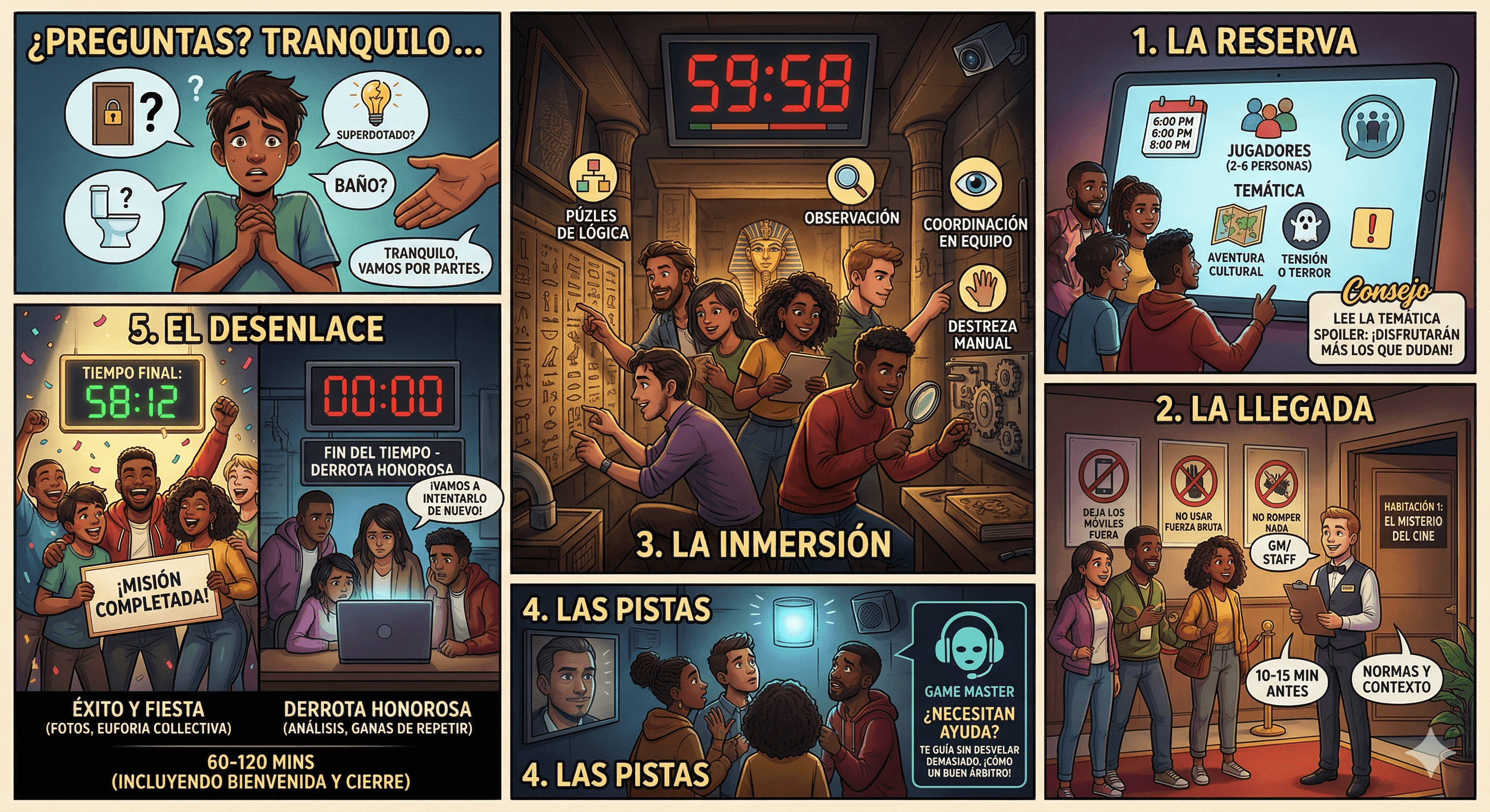 Infografía con los 5 pasos de un escape room: reserva, llegada, inmersión, pistas y desenlace