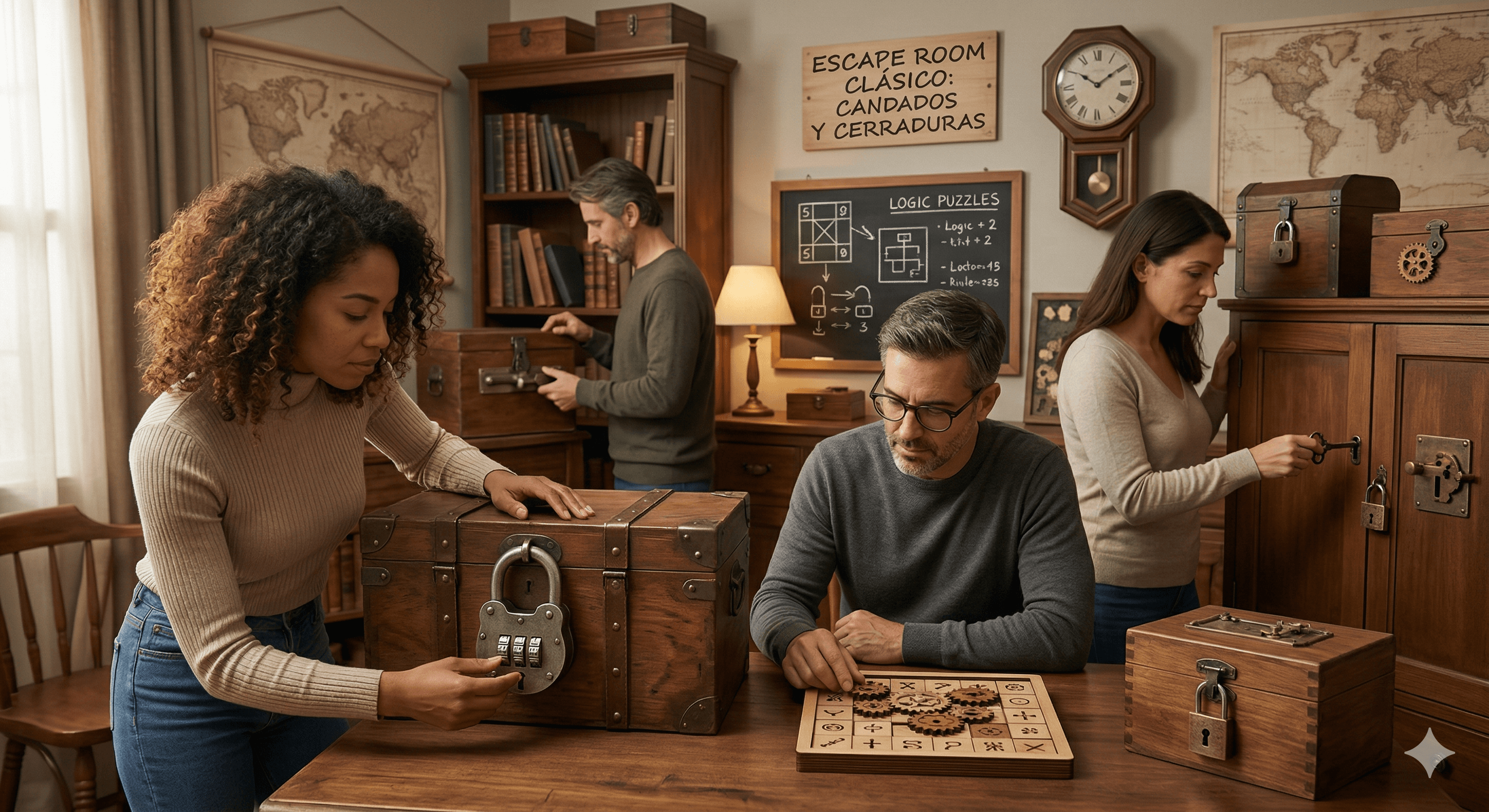 Escape room clásico con candados de combinación, llaves ocultas y puzles de lógica