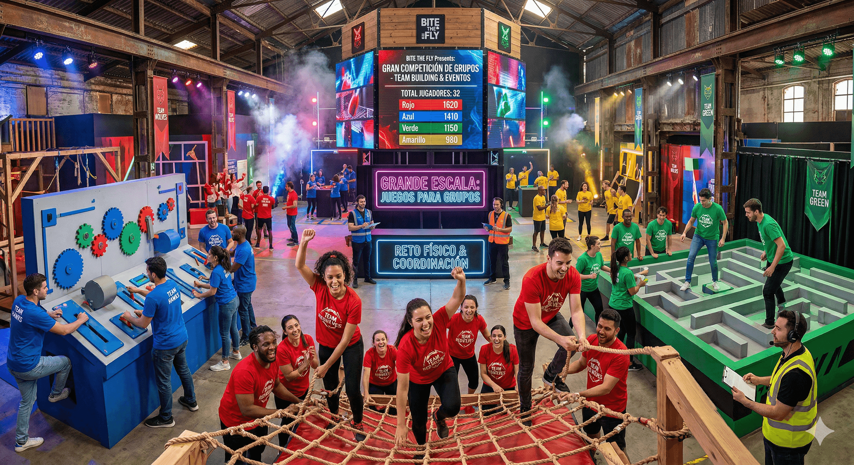 Juego para grupos grandes con competición, minijuegos físicos y retos de coordinación en equipo