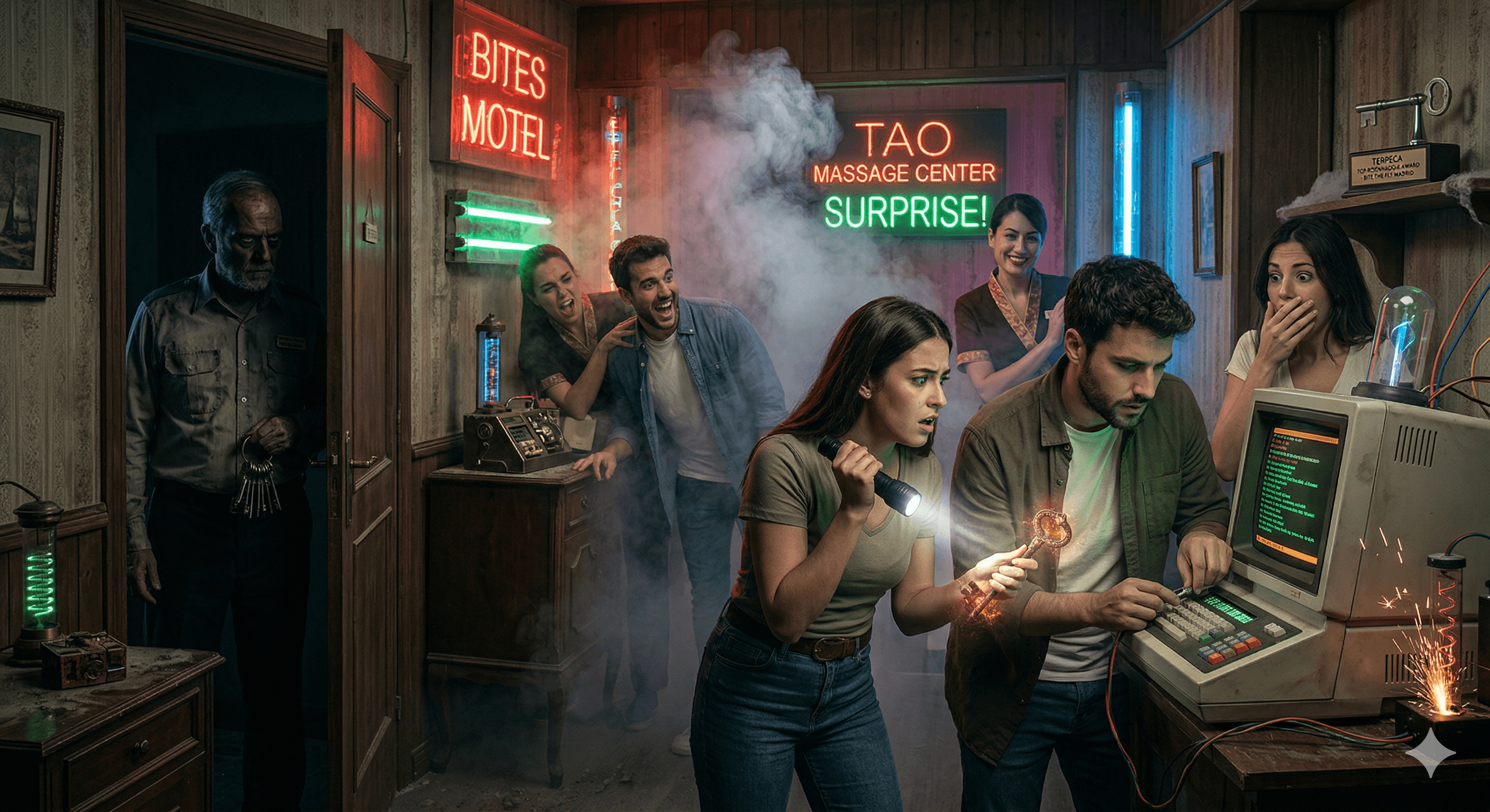 Escape room inmersivo con actores en vivo, efectos especiales y escenografía cinematográfica