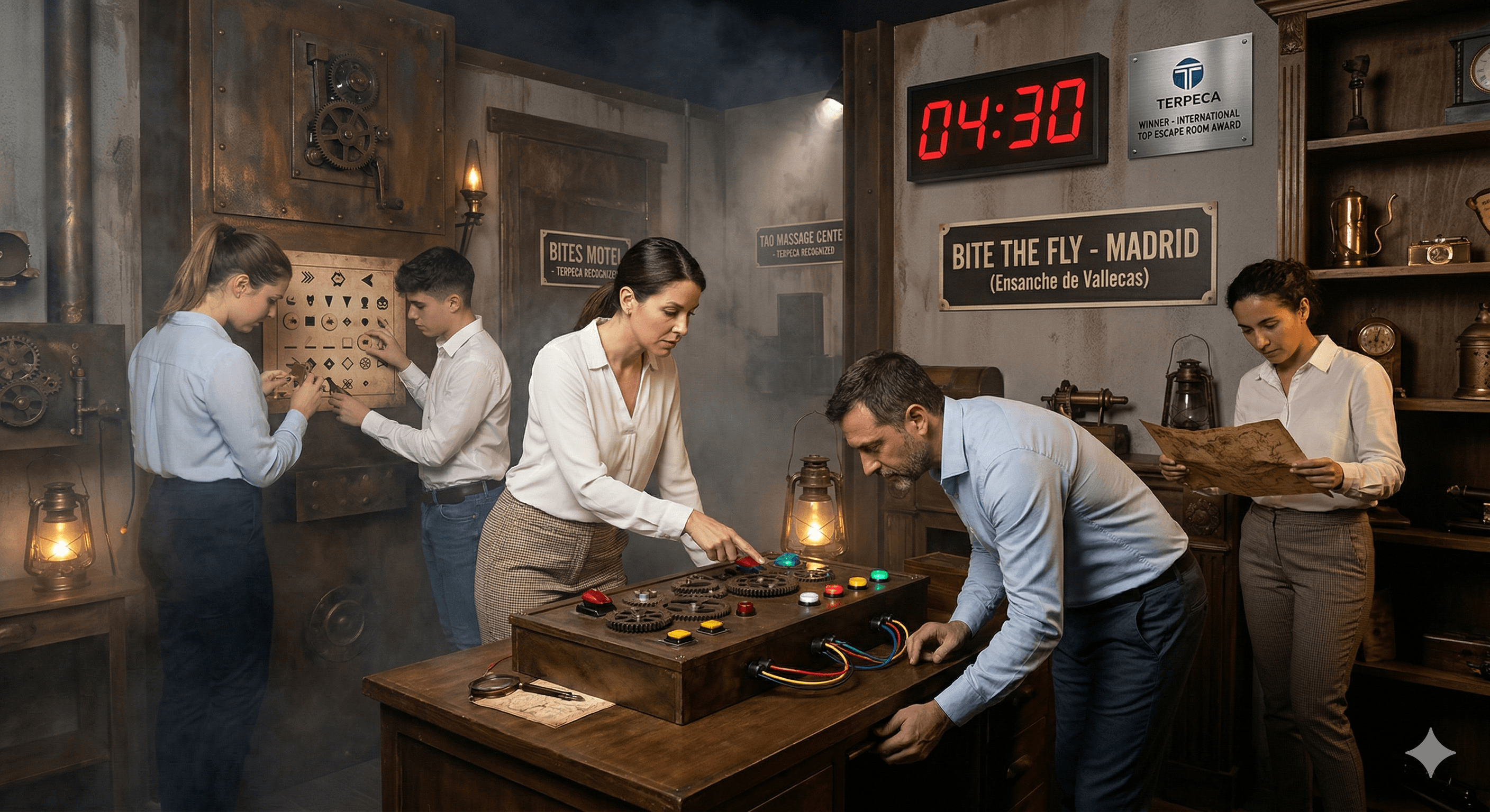 Grupo de compañeros resolviendo un enigma dentro de un escape room inmersivo