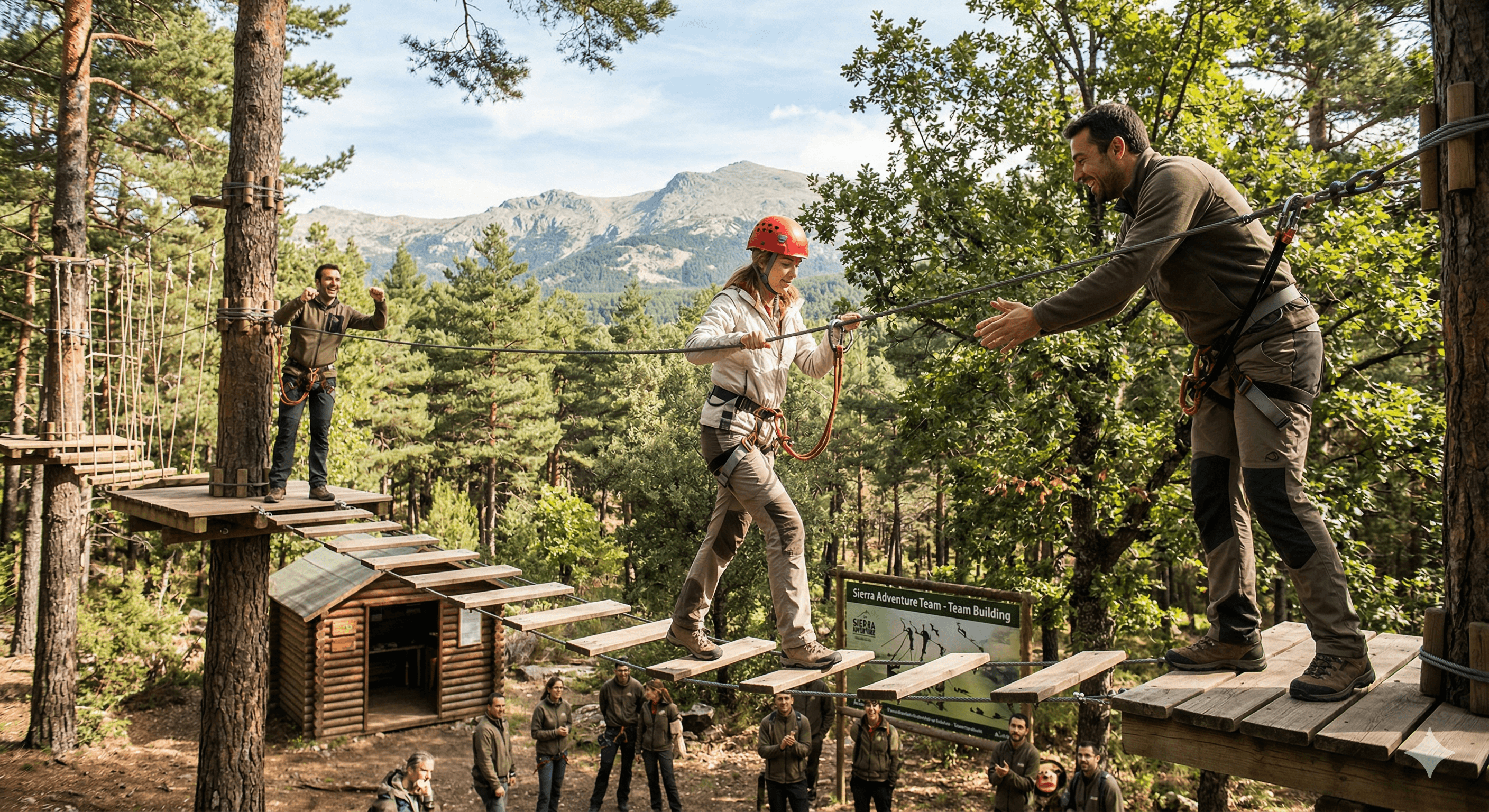 Trabajador cruzando un circuito de cuerdas y tirolinas en la sierra de Madrid