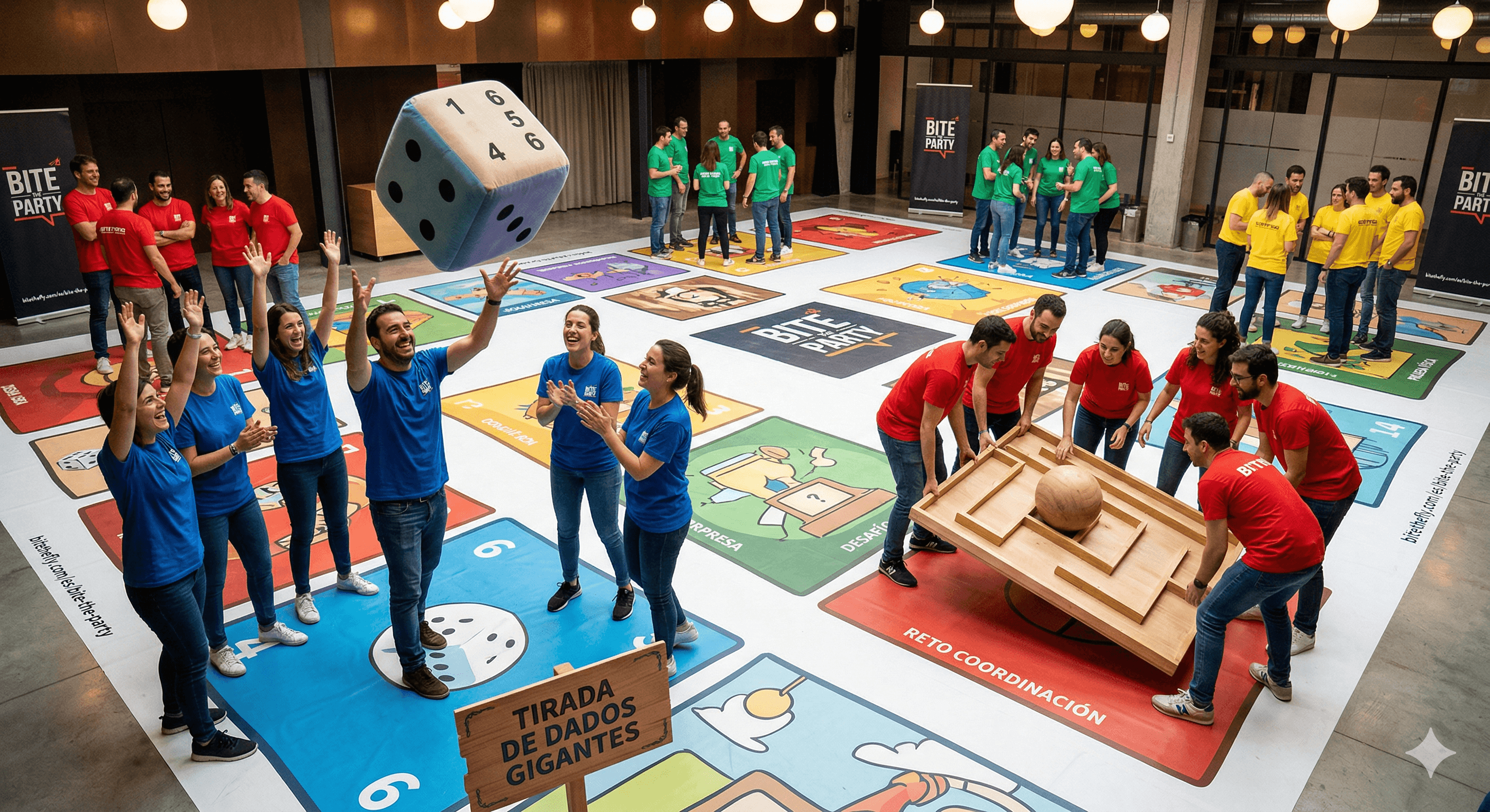 Juego de mesa gigante con minijuegos y un equipo compitiendo y riéndose