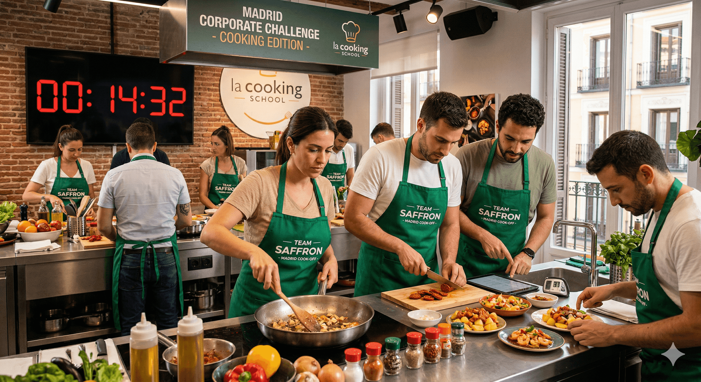 Un equipo de cocina corporativo en plena acción preparando platos en un taller gastronómico