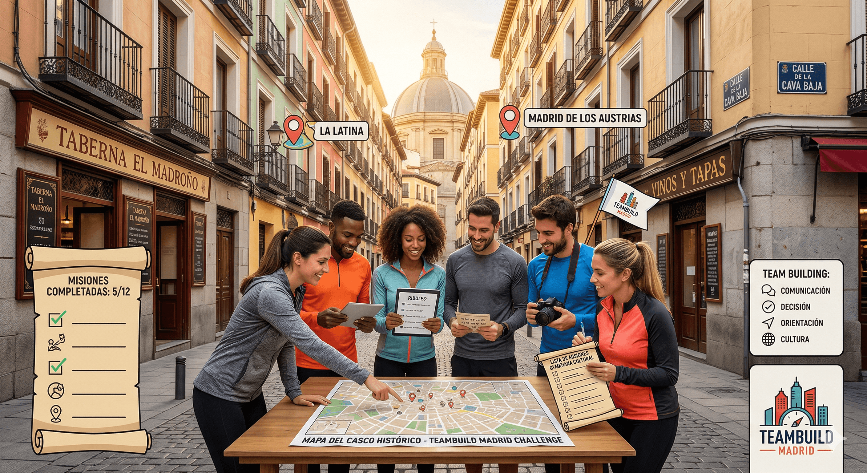 Un grupo de trabajadores resolviendo pistas por el centro histórico de Madrid en una gymkana