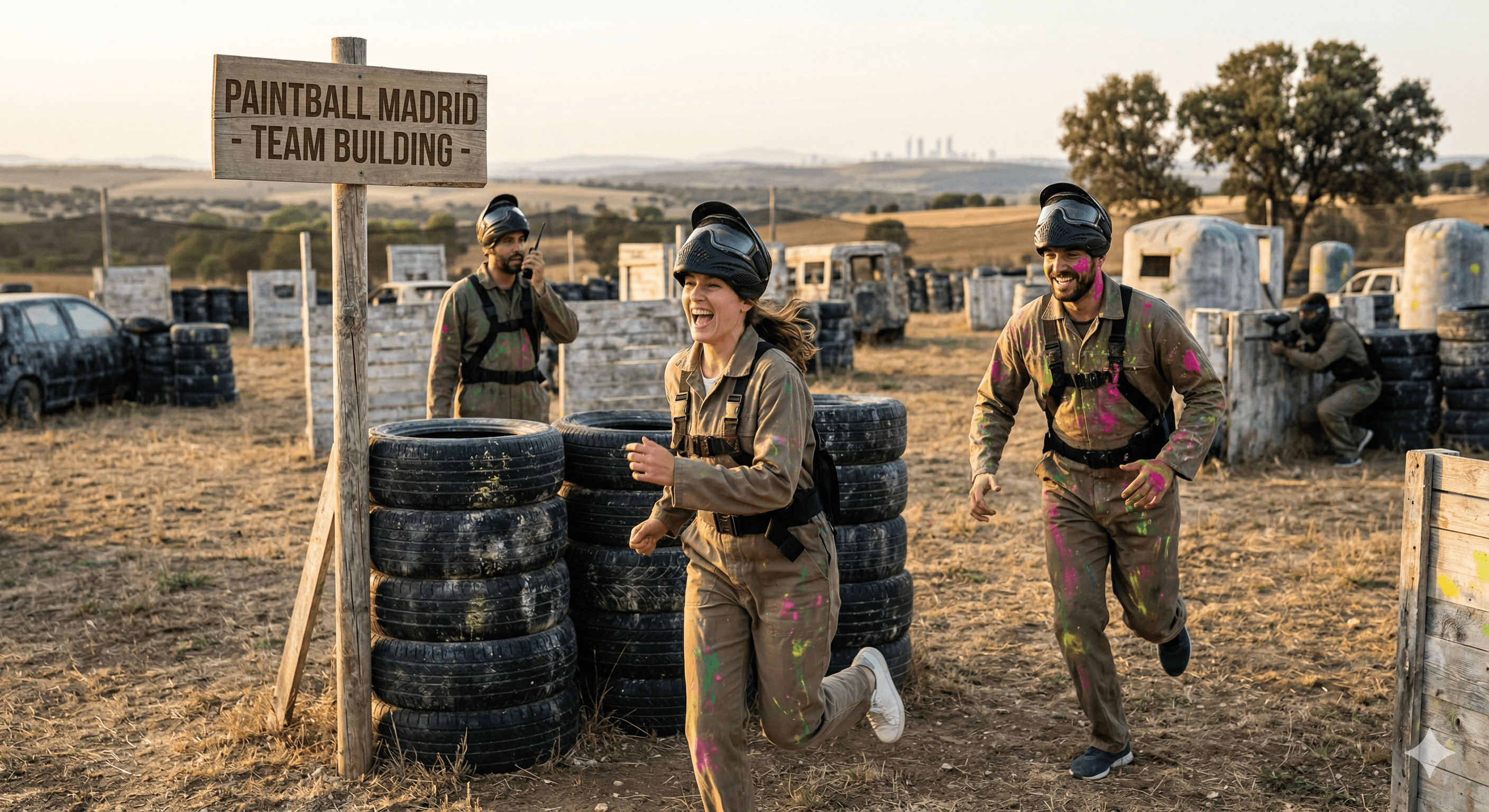 Jugadores de paintball equipados escondiéndose detrás de obstáculos en un campo al aire libre