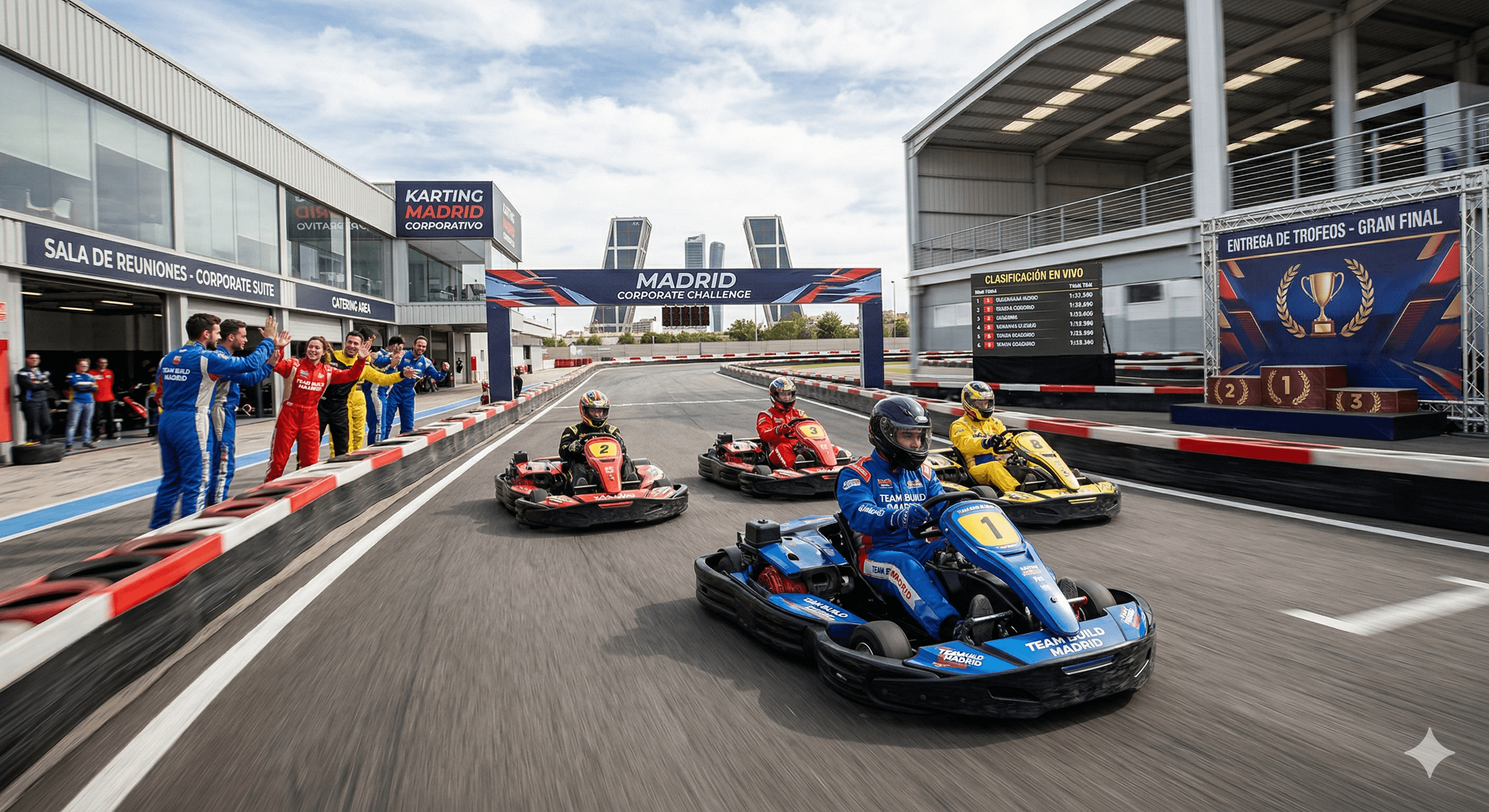 Compañeros de trabajo en plena carrera de karts en un circuito indoor