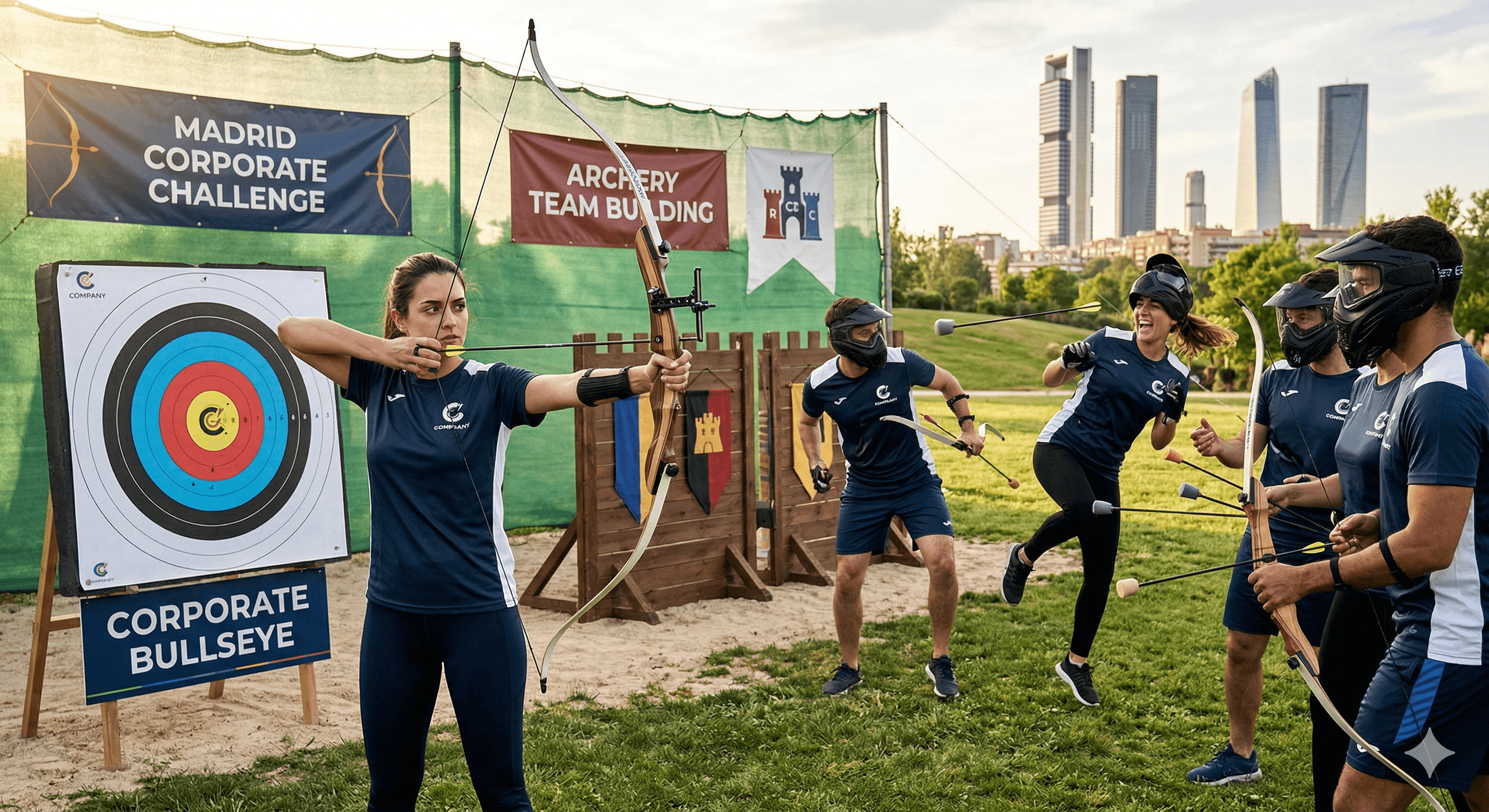 Persona practicando tiro con arco durante un evento de team building corporativo