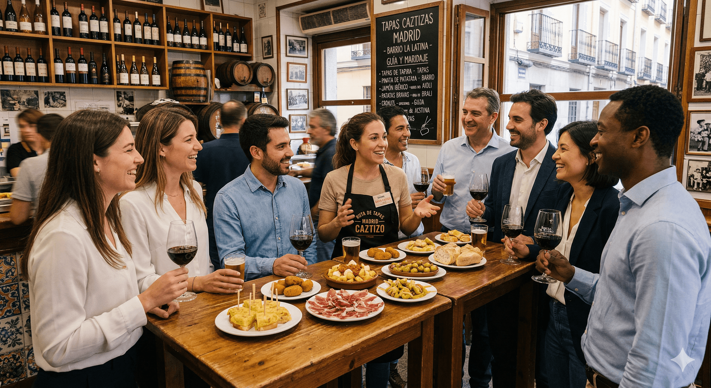 Ruta de tapas y vinos corporativa con compañeros brindando en un bar clásico
