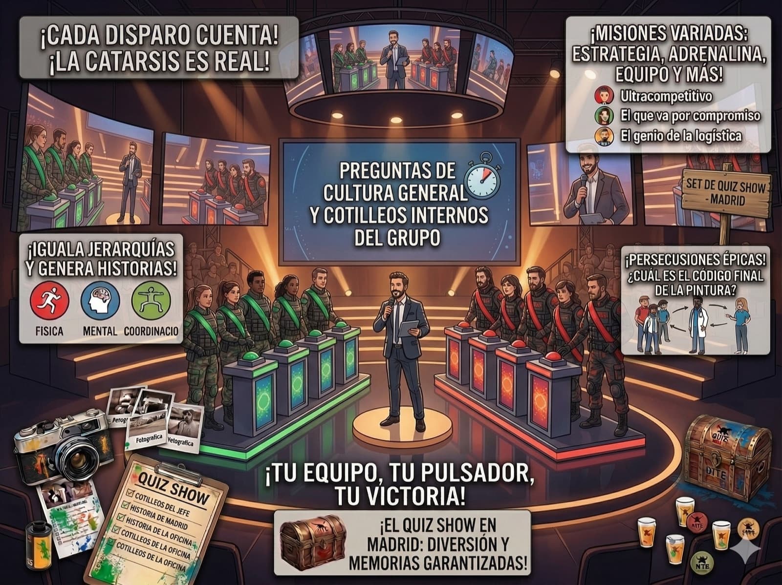 Quiz show para grupos grandes en Madrid: preguntas personalizadas y diversión asegurada en cualquier espacio