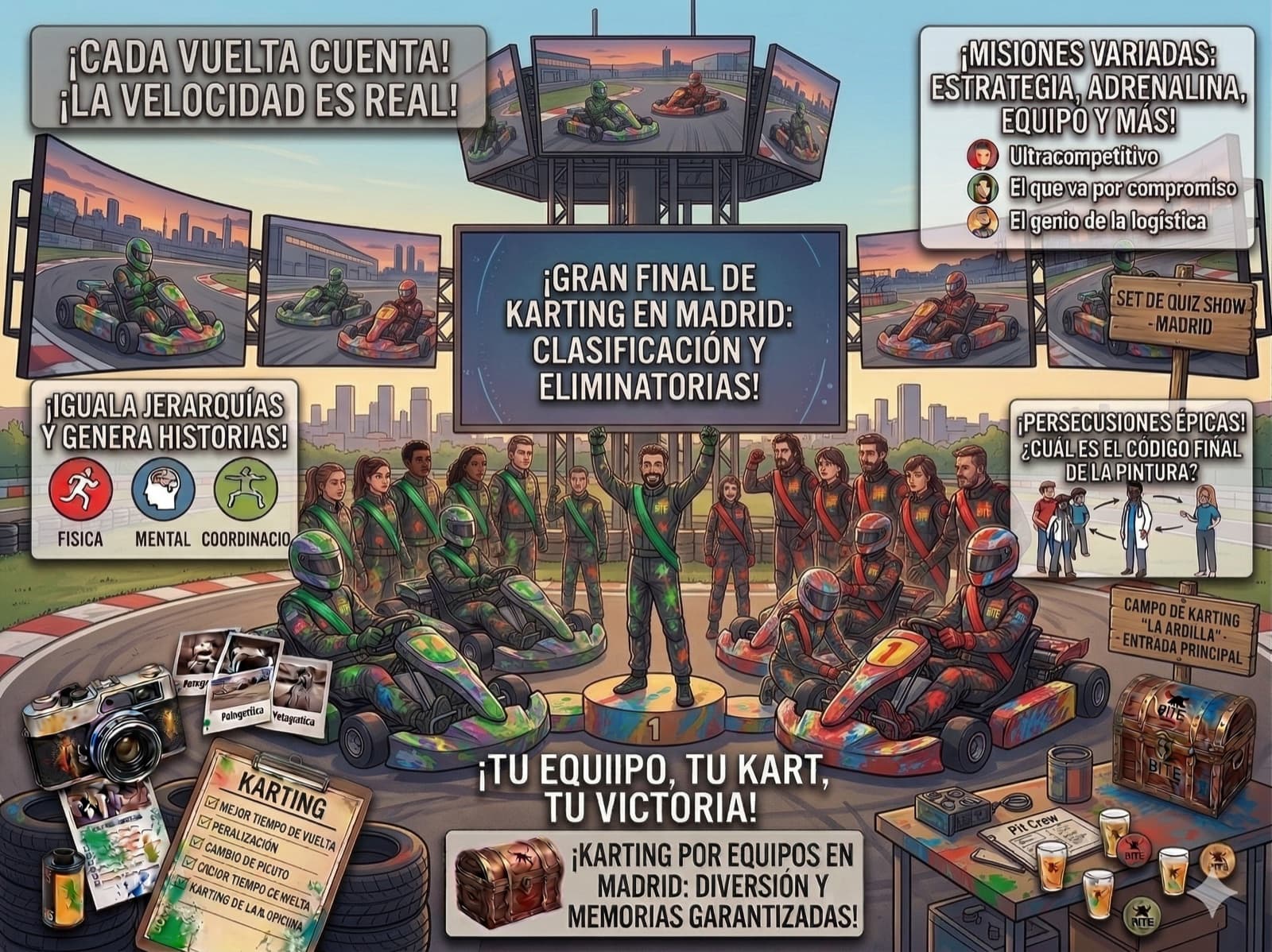 Karting por equipos en Madrid: clasificación, eliminatorias y gran final para grupos competitivos