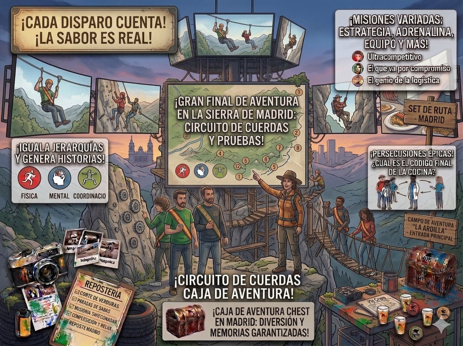 Actividades outdoor de aventura en la sierra de Madrid: cuerdas, tirolinas y escalada para grupos grandes